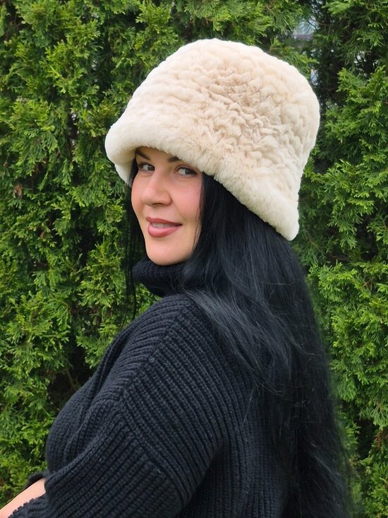 Black Soft Rex Rabbit Fur Panama Hat, Cream Elegant Women\'s Winter Headwear main image 7